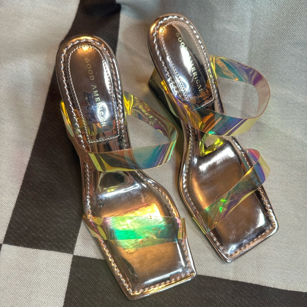 GOOD AMERICAN WOMEN’S Cinder-F*cking-rella Metallic Rainbow Wedge Sandals - Picture 2 of 8